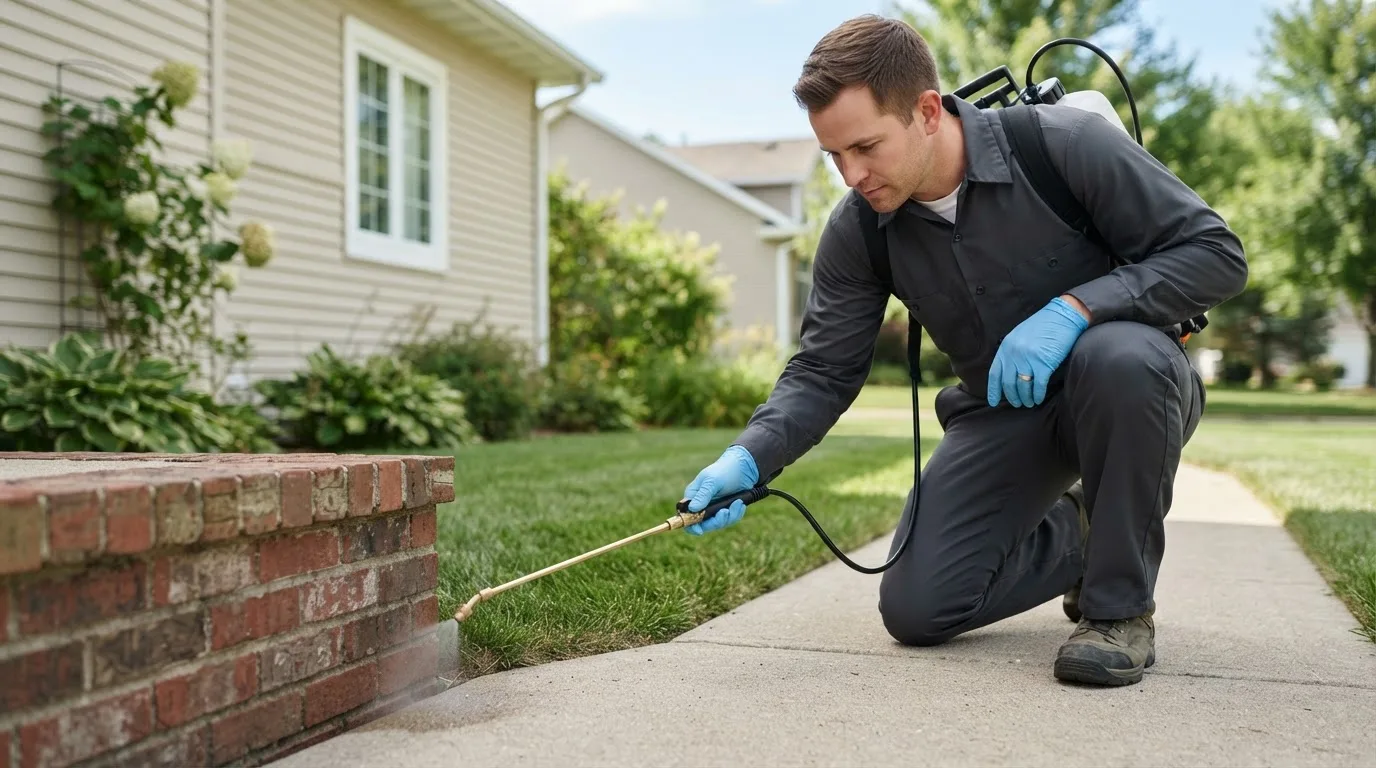 Pest control technician treating a home near Marietta, OK